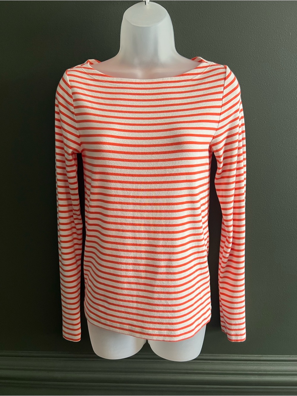 GAP Women’s Striped Boatneck Long Sleeve Top - Coral and White